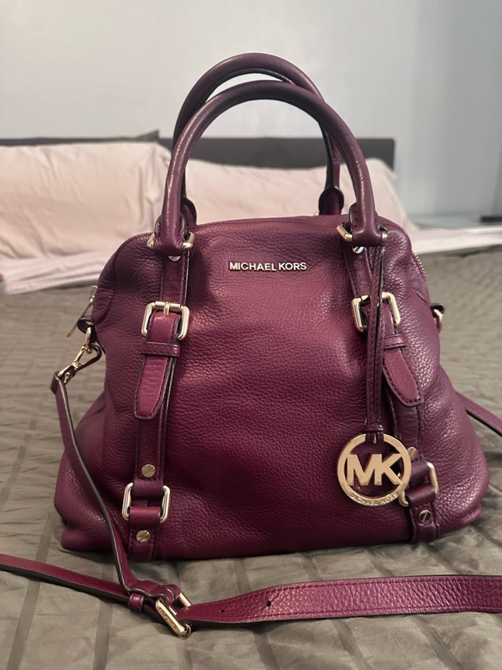 Michael Kors Plum Leather Satchel with Gold-Tone Hardware